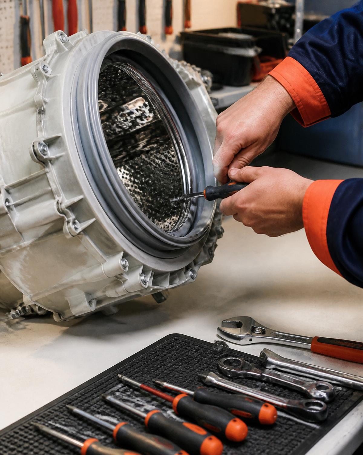 Trinity Domestics engineer repairing a washing machine drum in the Edinburgh workshop